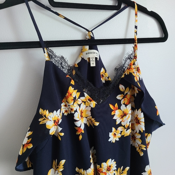 MONTEAU Navy Blue &Yellow  Floral Halter Dress - Picture 3 of 8